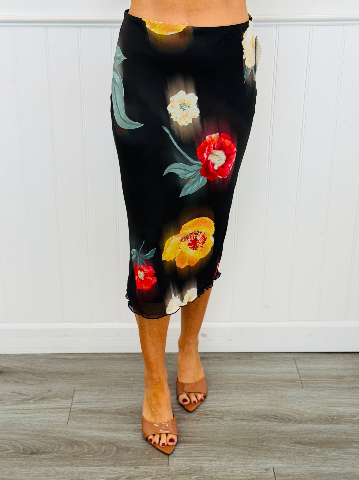 Black/Red Floral Mesh Midi Skirt (Reg. and Plus)