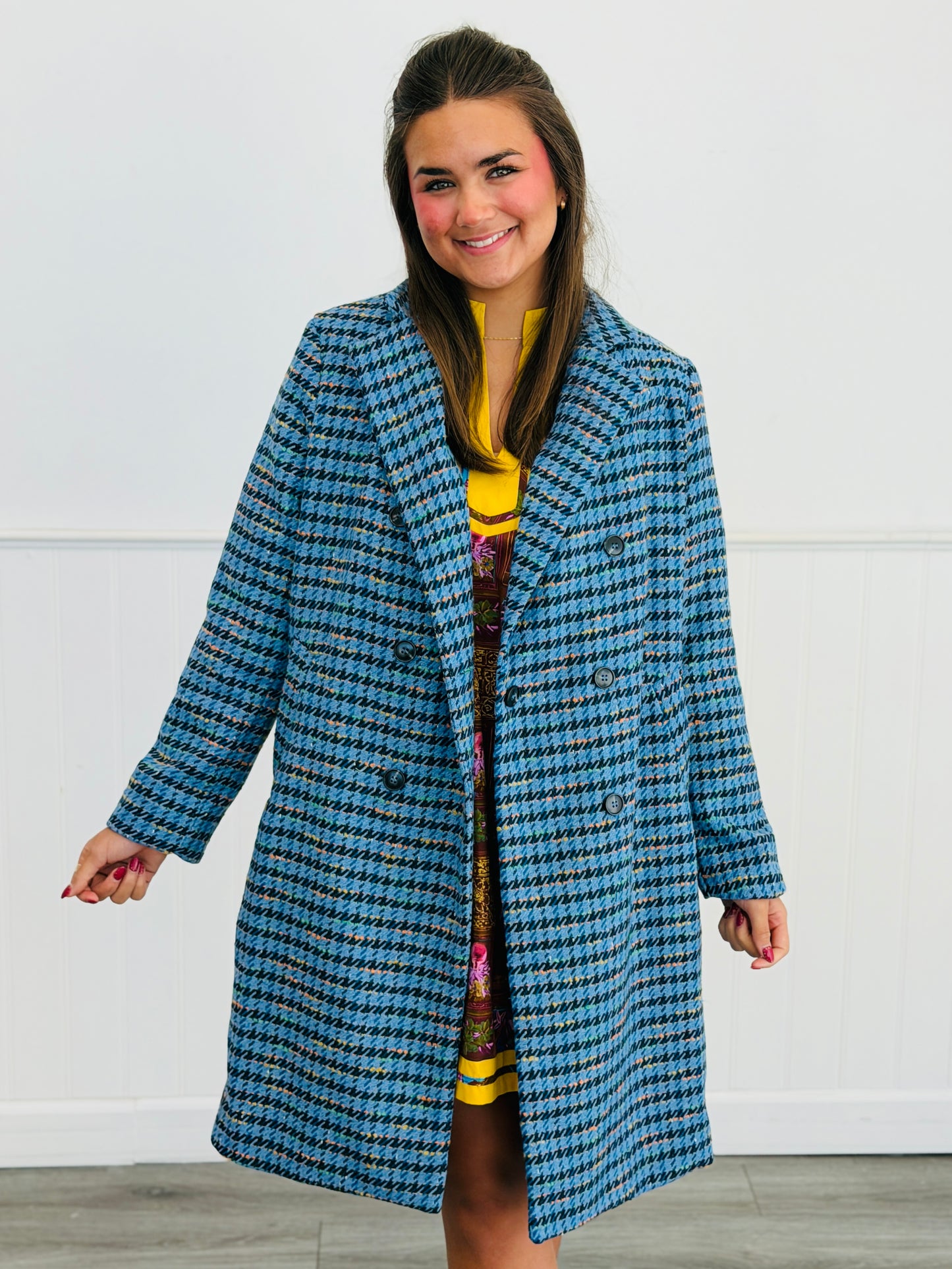 Blue Houndstooth Double Breasted Coat (Reg & Plus)