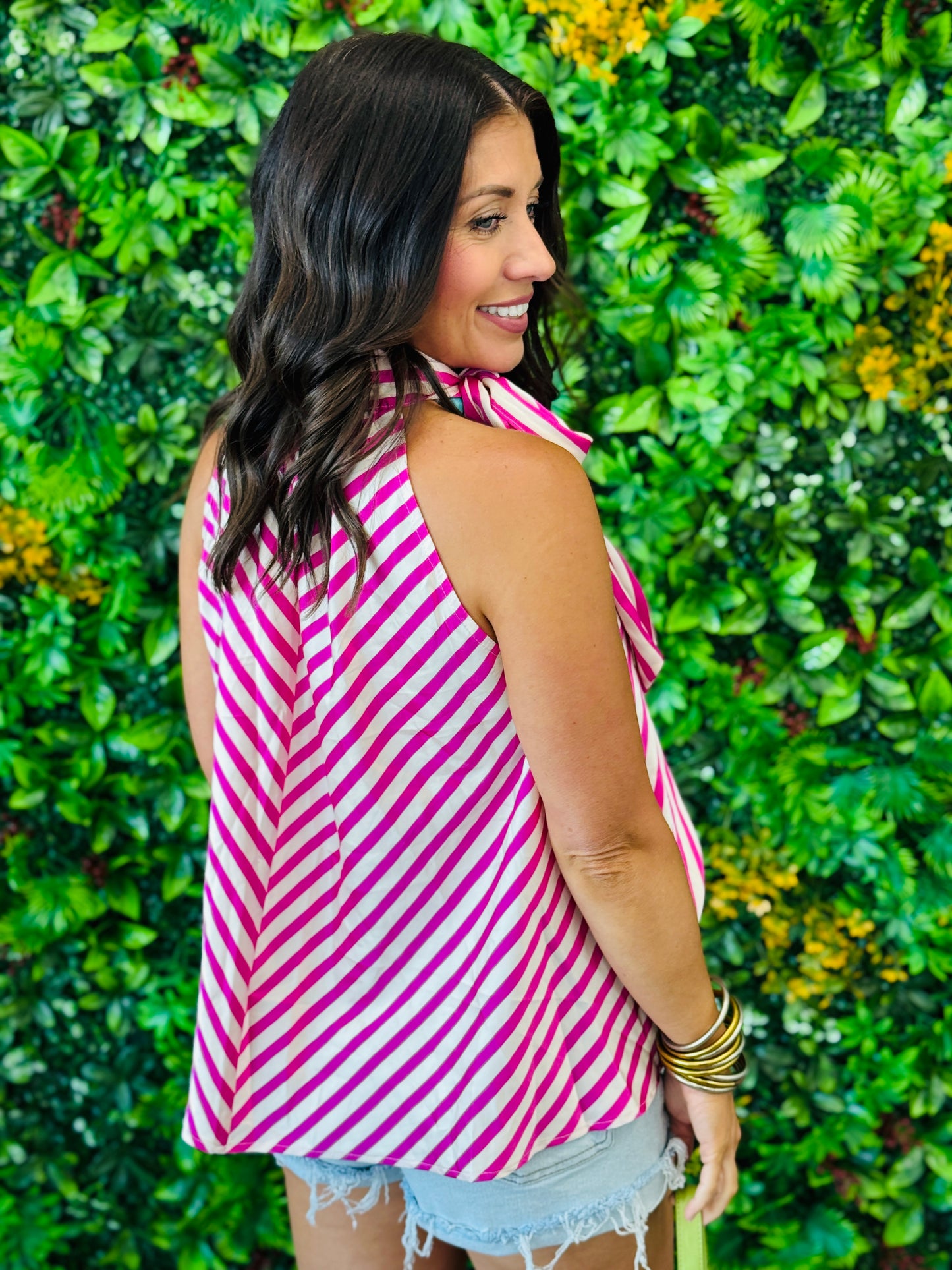 Pink Stripe Shoulder Bow Tie Blouse (Reg.)