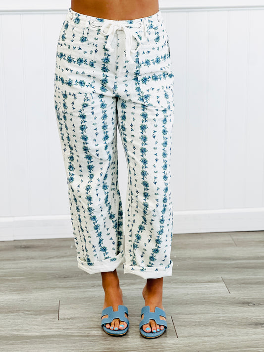 Ivory/Blue Floral Print Corduroy Pants (Reg.)