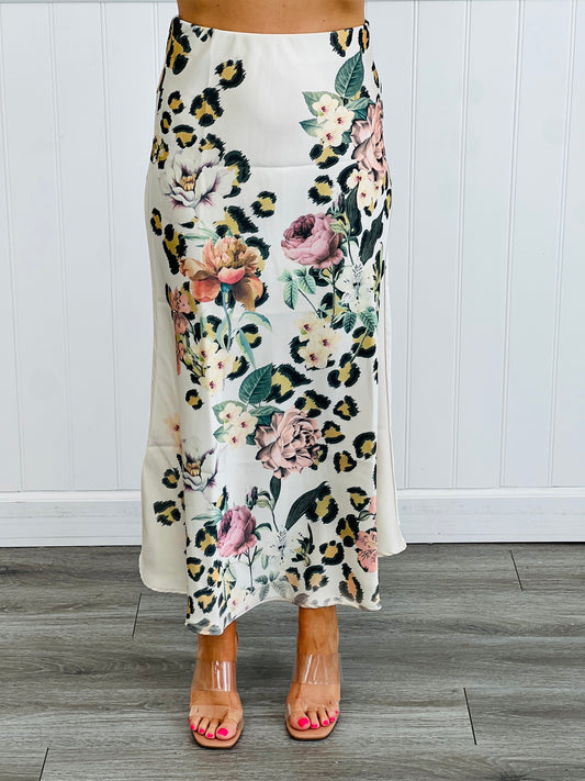 Beige Leopard Floral Satin Midi Skirt (Reg. and Plus)