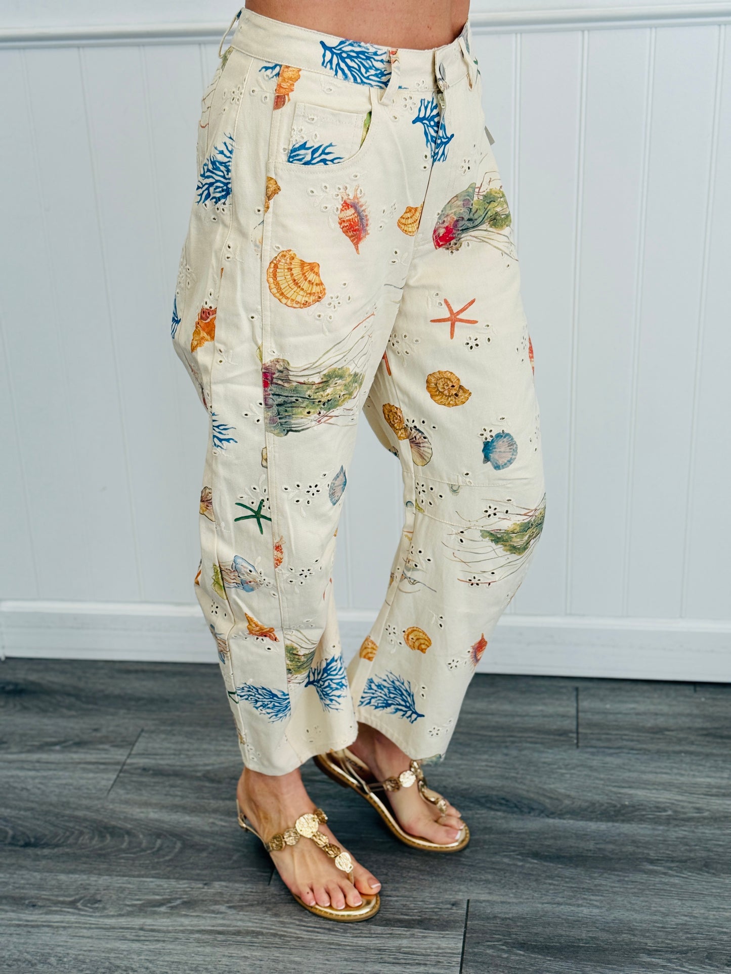 Seaside Print Eyelet Denim Pants (Reg. & Plus)