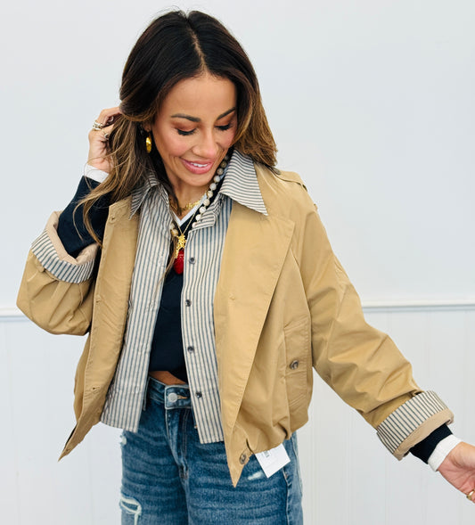 Camel Contrast Stripe Trim Twill Jacket (Reg & Plus)