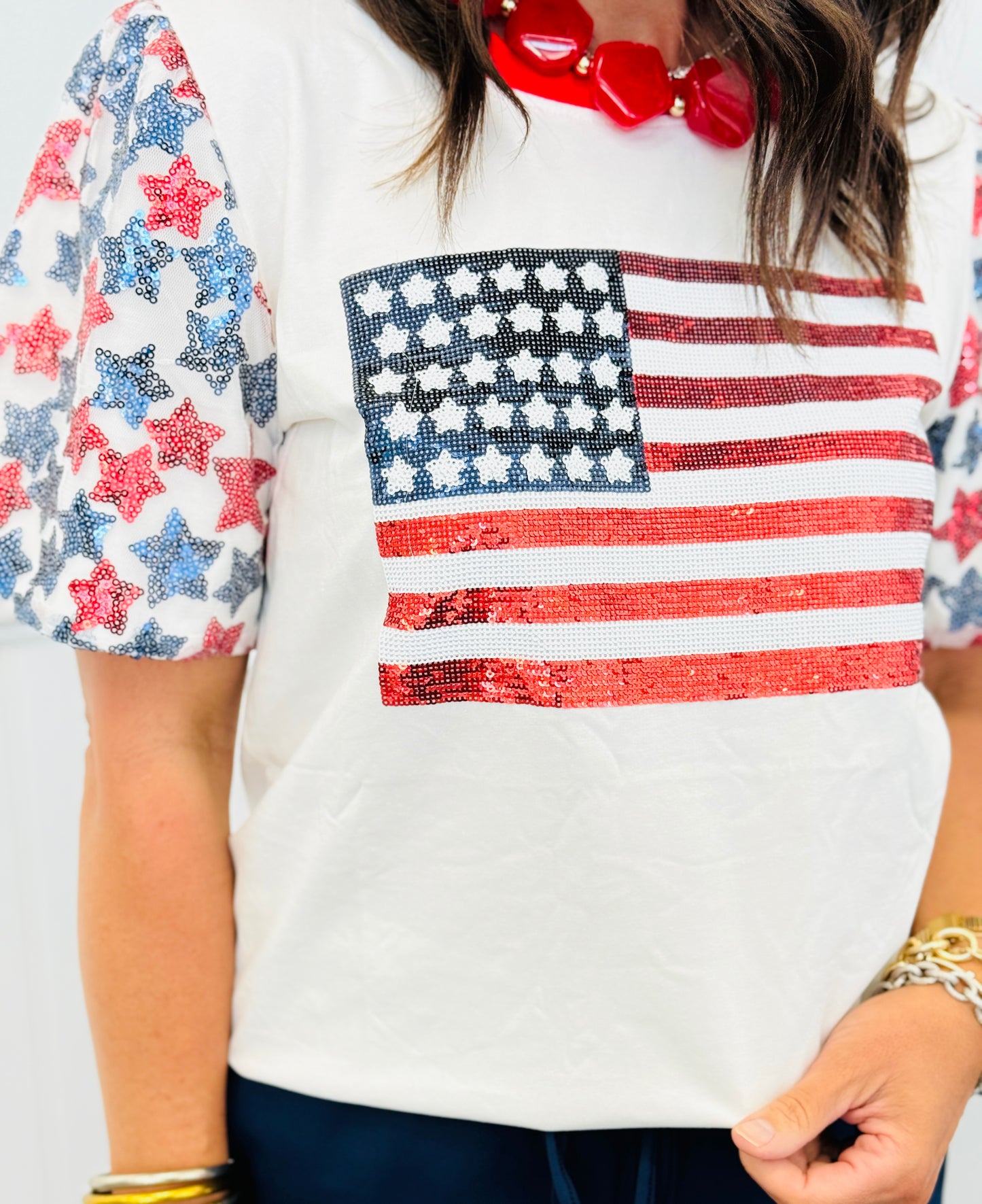 USA Flag Sequin Star Sleeve Top (Reg. & Plus)