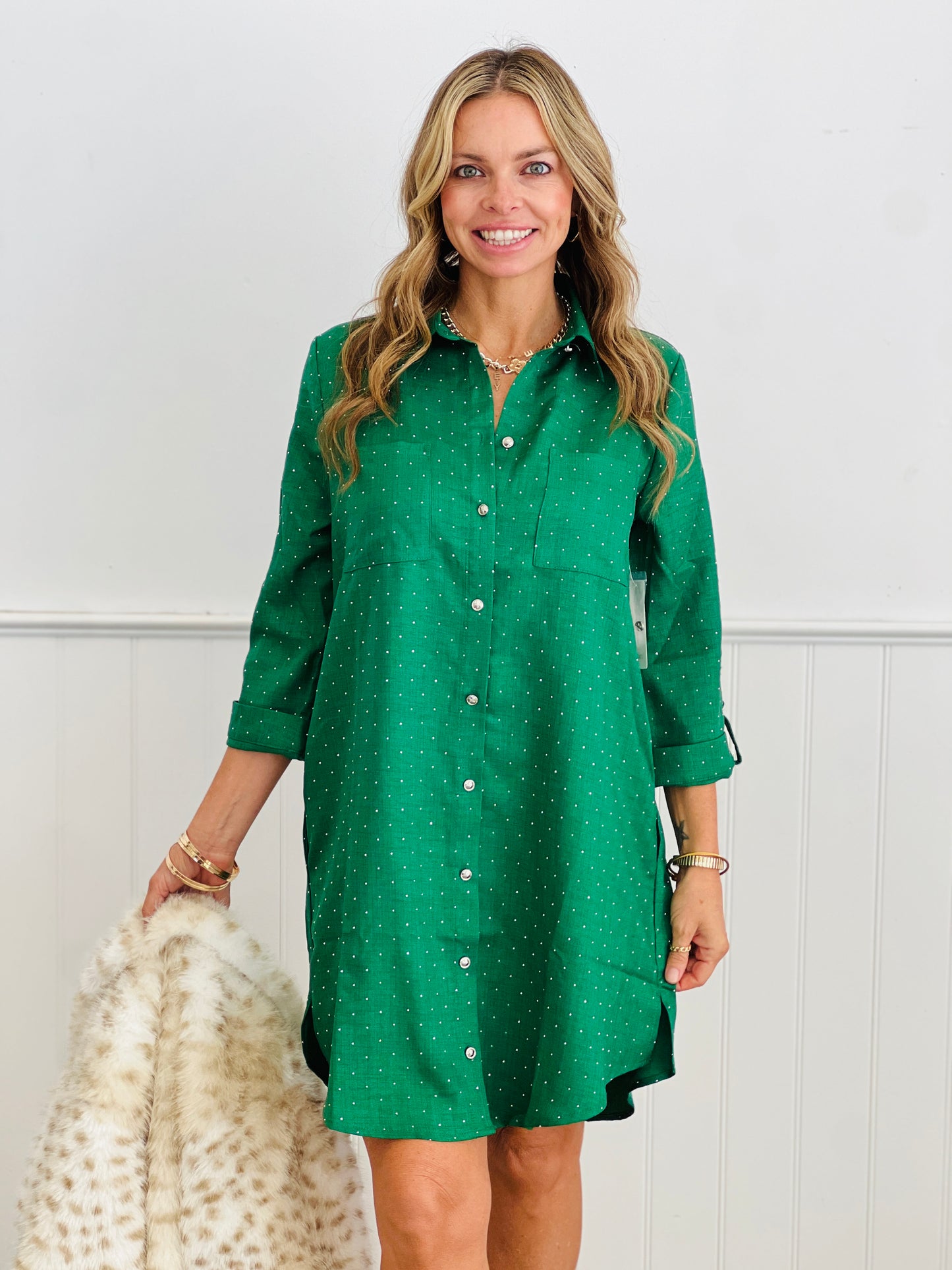 Dark Green Rhinestone Button Down Mini Dress (Reg. and Plus)