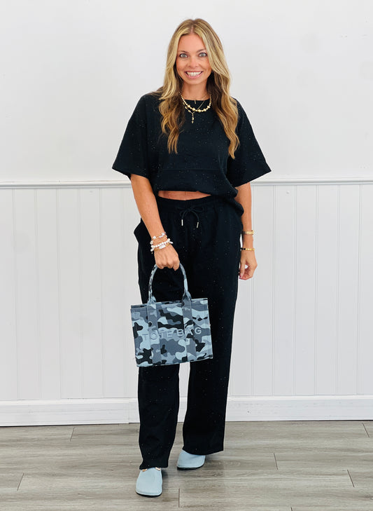 Black Twinkling Rhinestones Tee Top & Pants Set (Reg.)