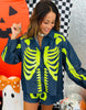 Queen Of Sparkles Dark Denim & Neon Green Skeleton Button Up Top (Reg. and Plus)