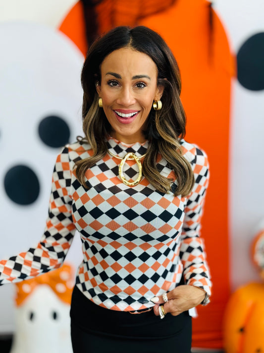 Orange/Black Diamond Print Mesh Top (Reg. and Plus)