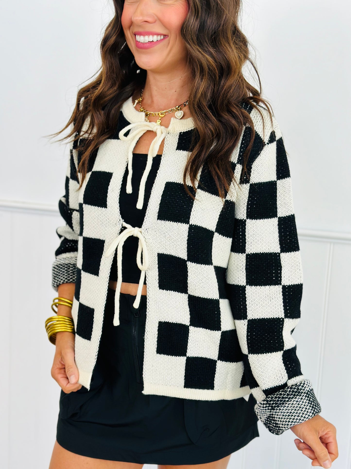 Black Checkered Tie Detailed Cardigan (Reg.)