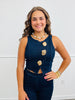 Navy Hammered Gold Button Vest Top Pants Sets (Reg.)