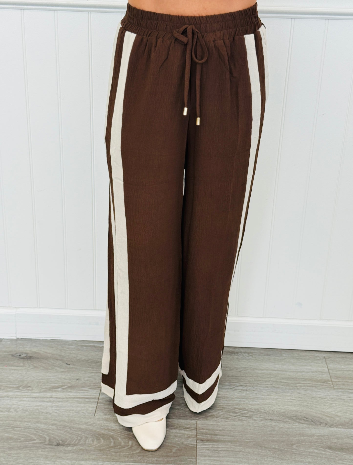 Chocolate Contrast Stripe Shirt & Pants Set (Reg & Plus)