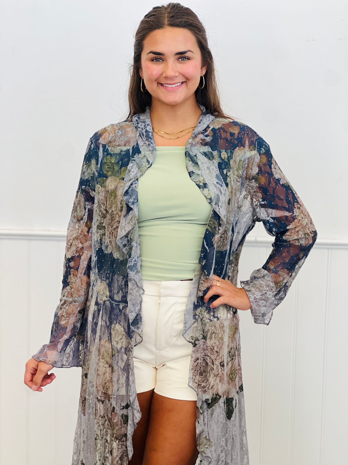 Navy Floral Long Ruffle Detailed Duster (Reg. and Plus)