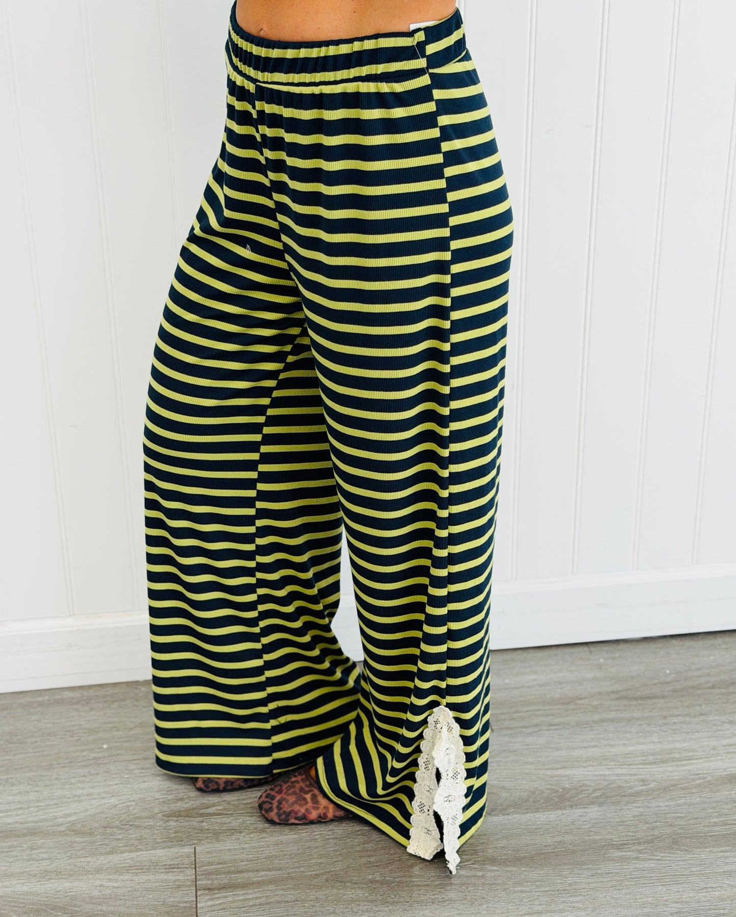 Striped Lace Side Slit Pants (Reg. and Plus) - 6 Colors