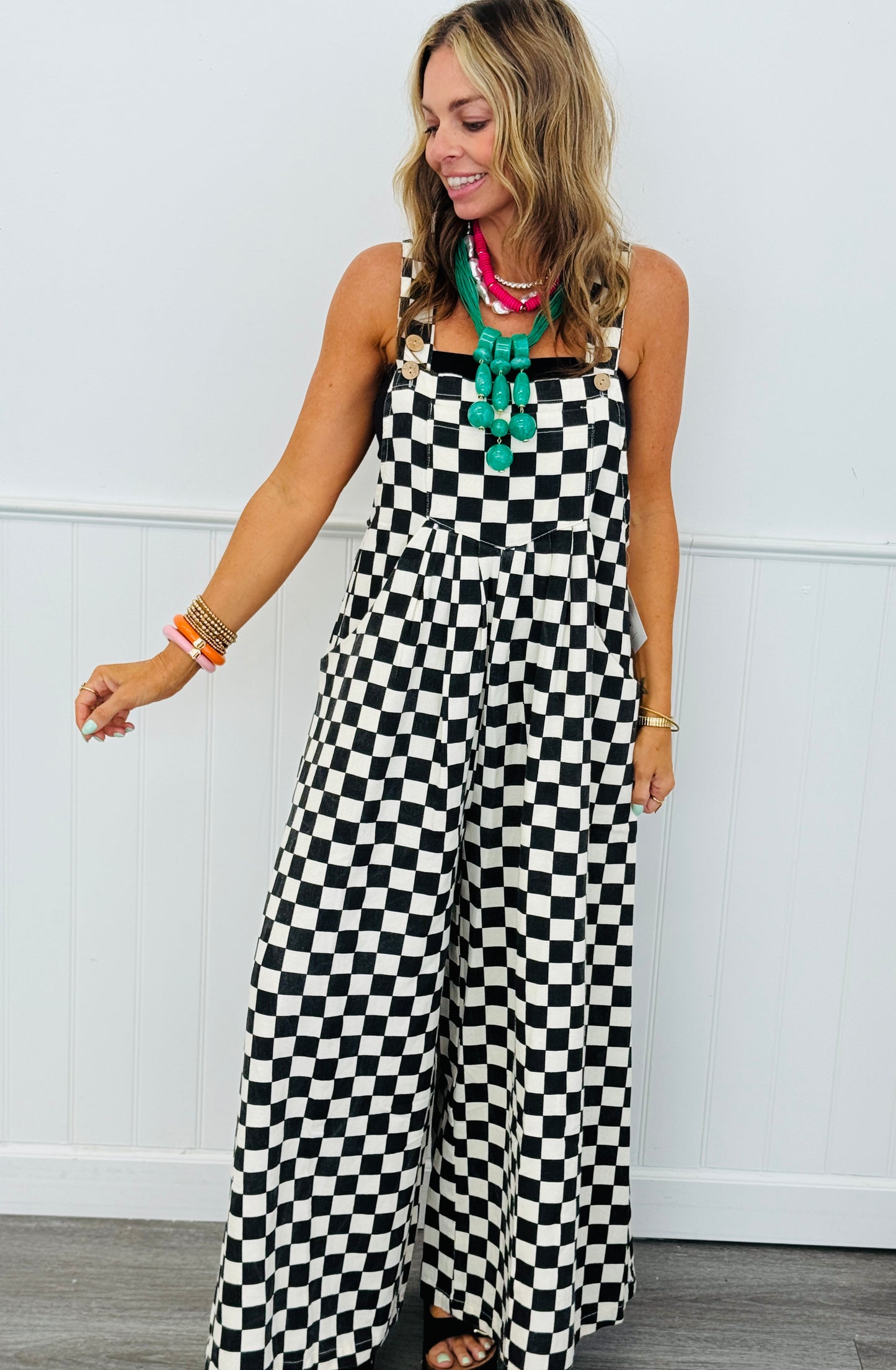 Checkered Wide Leg Overalls (Reg. and Plus)