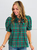 Plaid Tie Neck Puff Sleeve Top (Reg.) - 4 Colors