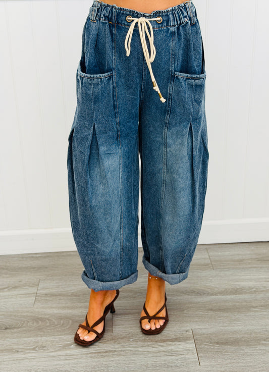 Washed Denim Drawstring Barrel Pants (Reg & Plus)
