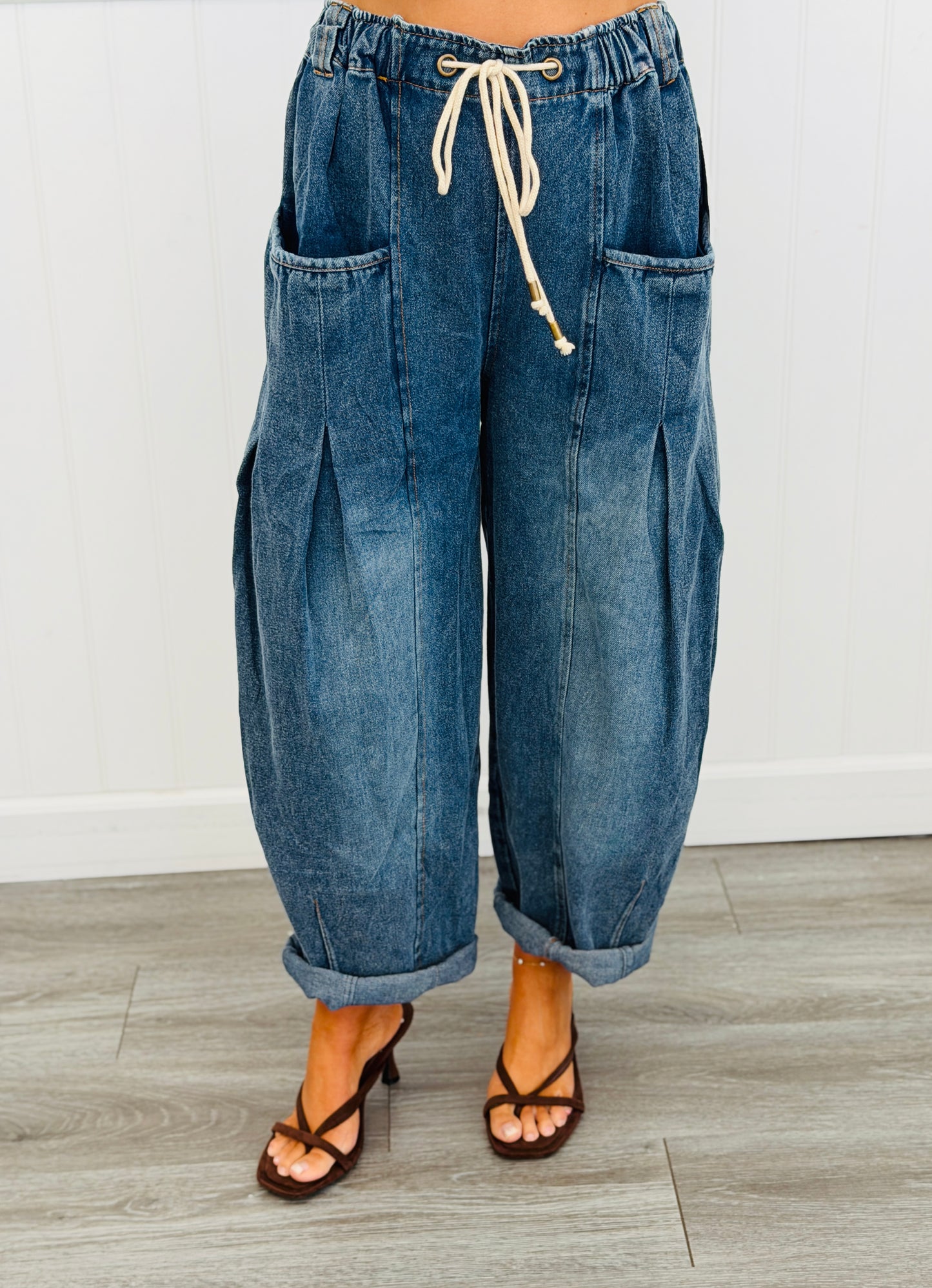 Washed Denim Drawstring Barrel Pants (Reg & Plus)