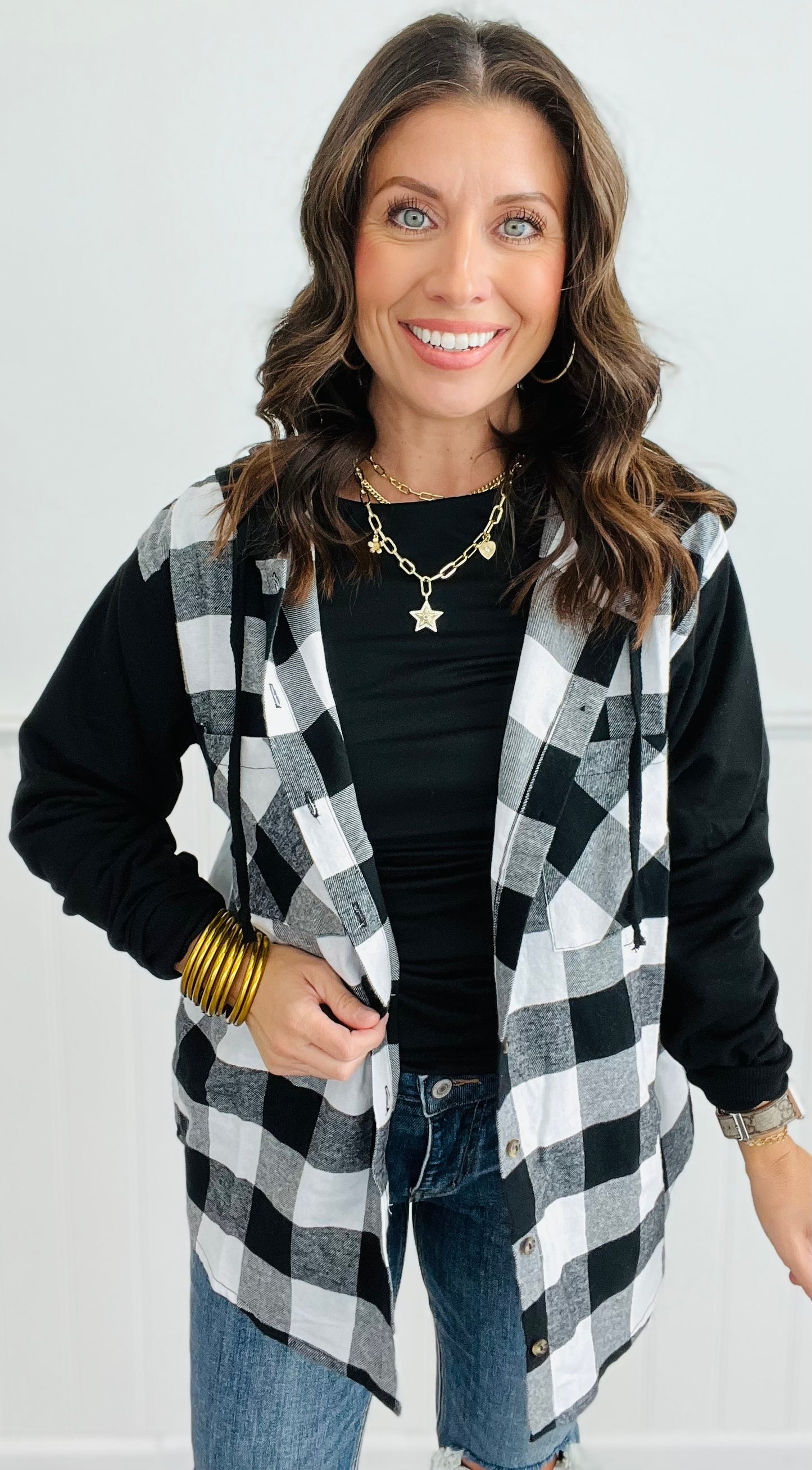 Plaid Button Down Hoodie Top (Reg.)- 2 Colors