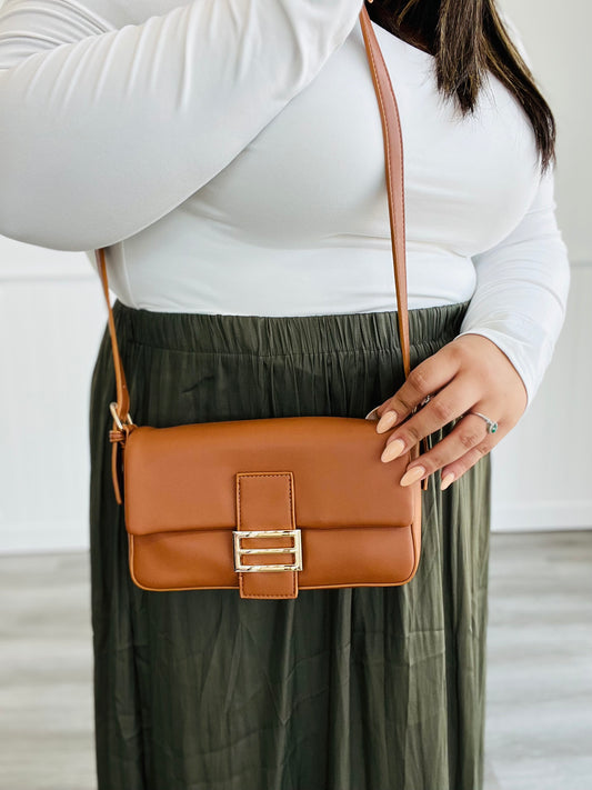 Camel Faux Leather Flap Crossbody Bag