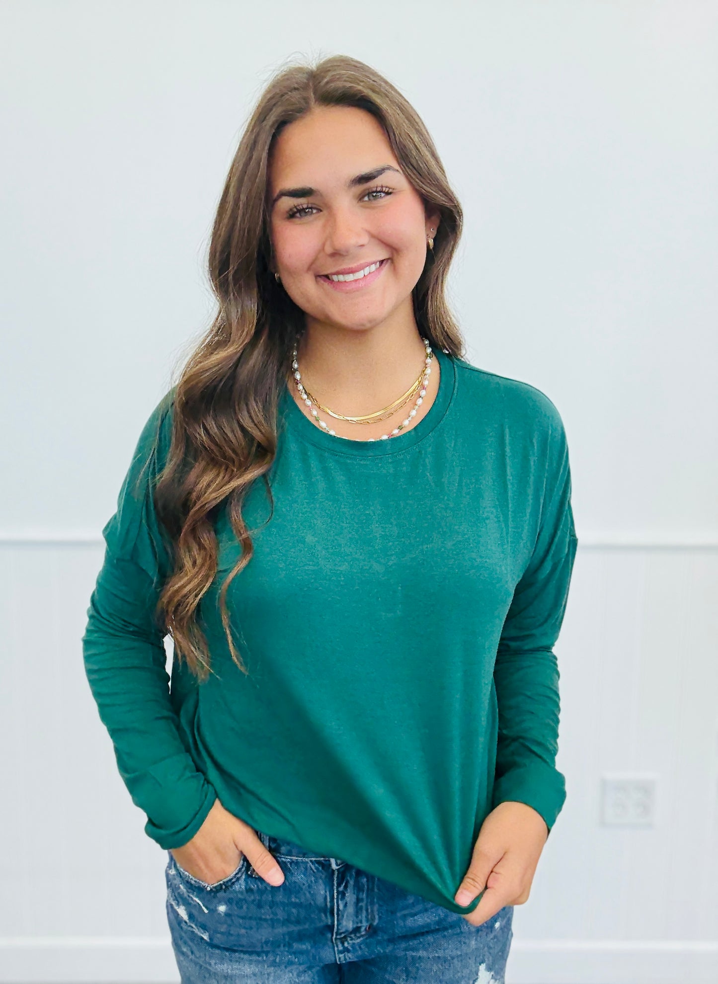 Curved Hem Long Sleeve Top (Reg.)-5 Colors