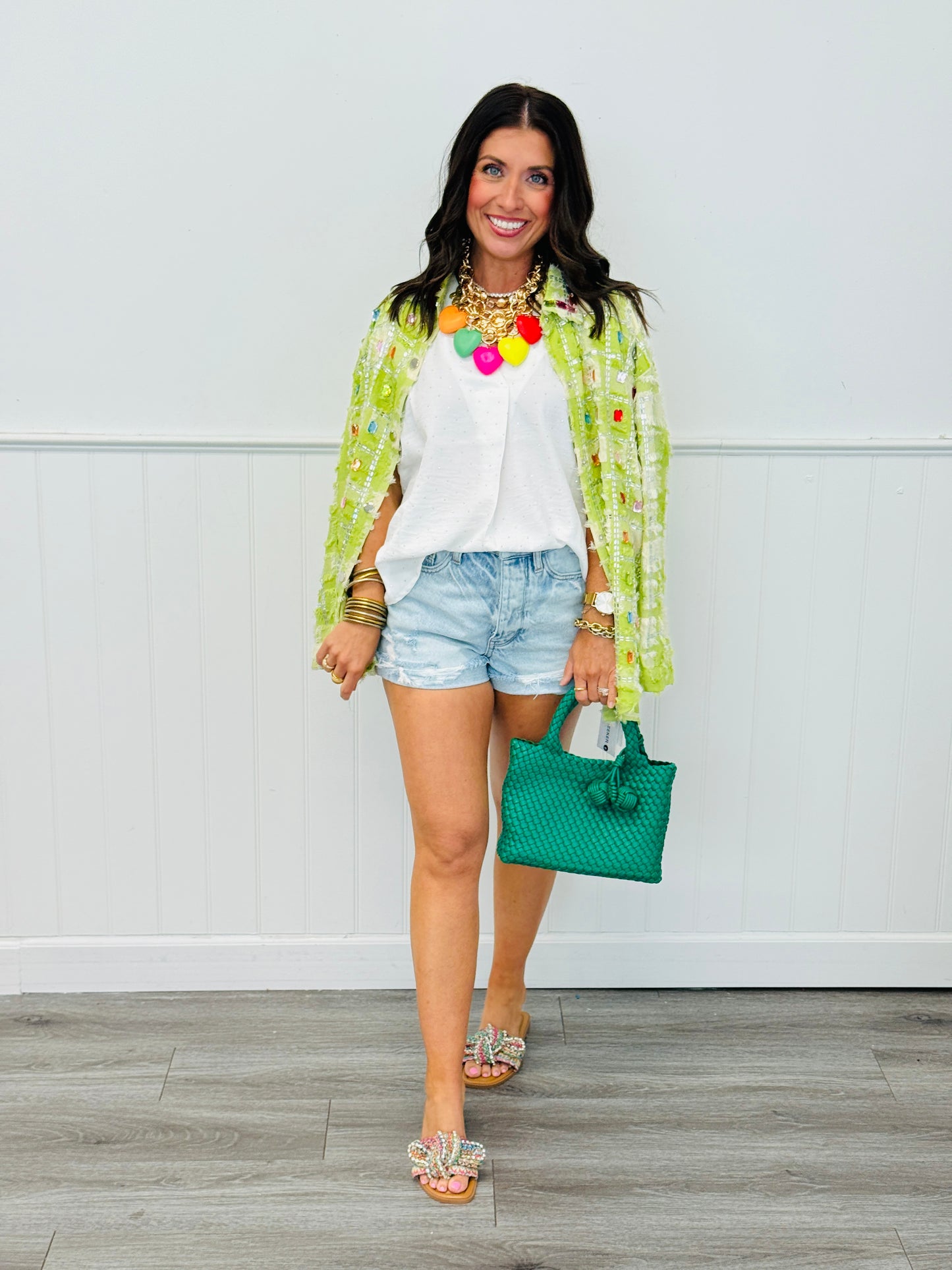 White Rhinestone V-Neck Cap Sleeve Blouse (Reg. & Plus)