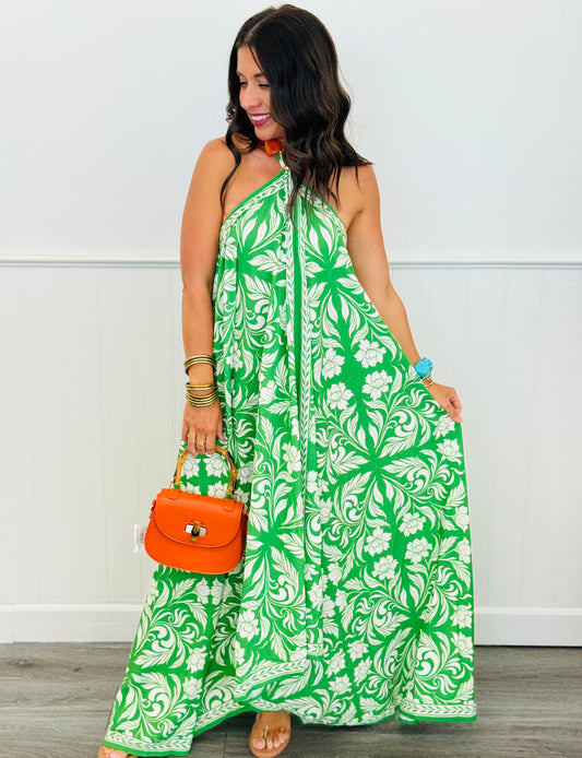 Green Print Open Back Midi Scarf Dress (Reg.)