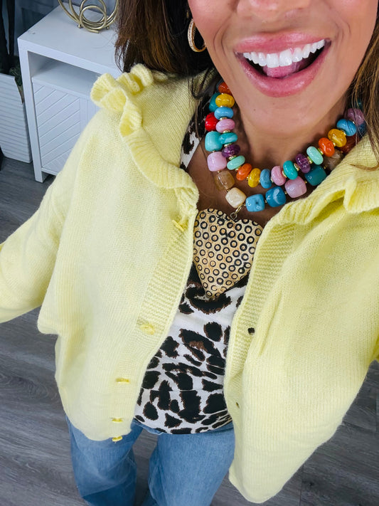 Banana Ruffle Collar Button Down Cardigan (Reg. and Plus)
