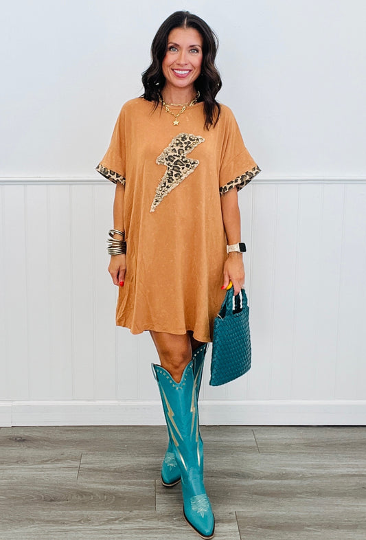 Dusty Rust Lightening Bolt Tee Shirt Dress (Reg & Plus)