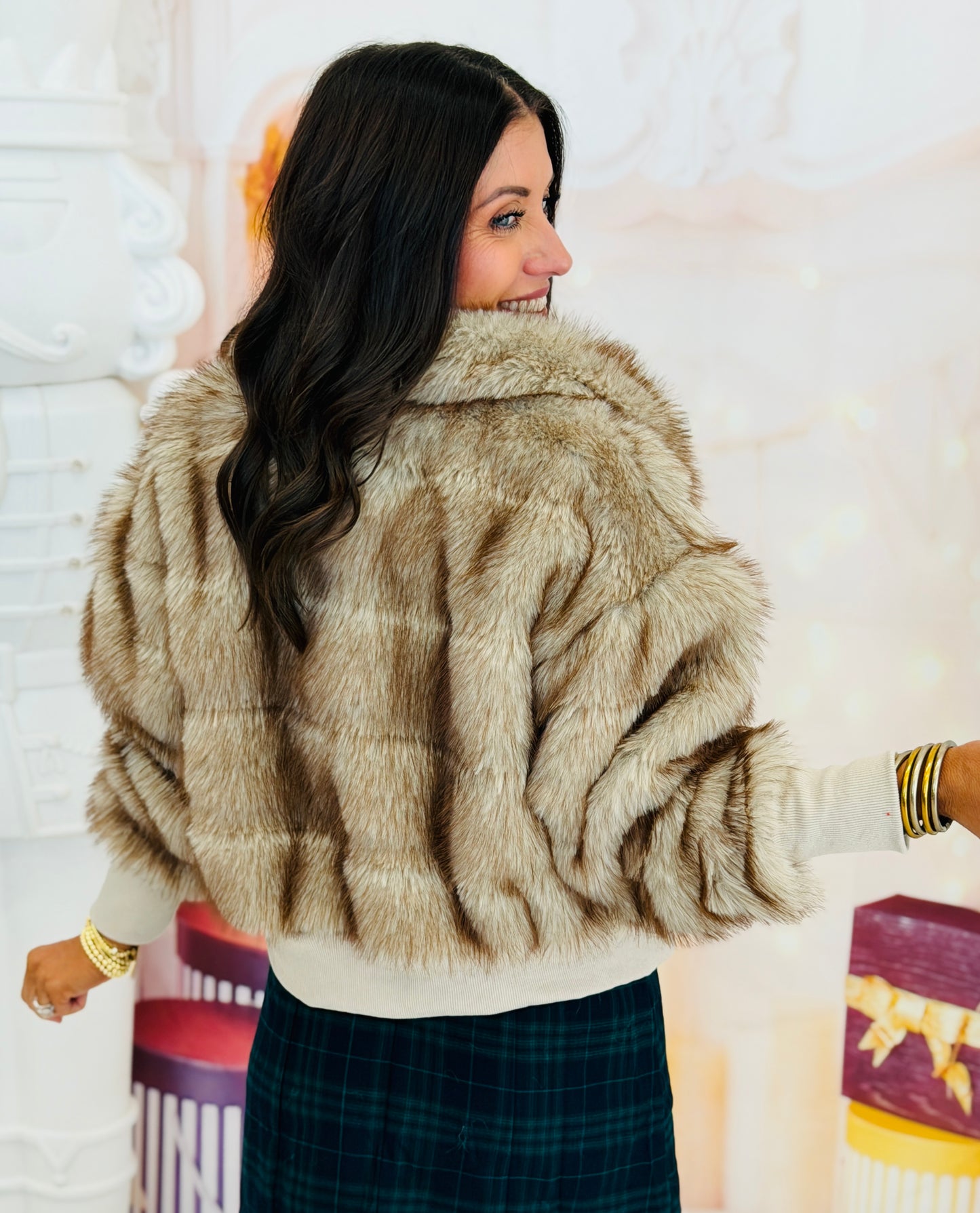 Taupe Faux Fur Bomber Jacket (Reg.)