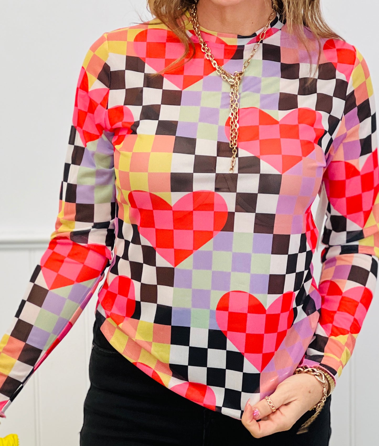 Red/Black Checkered Heart Mesh LS Top (Reg & Plus)