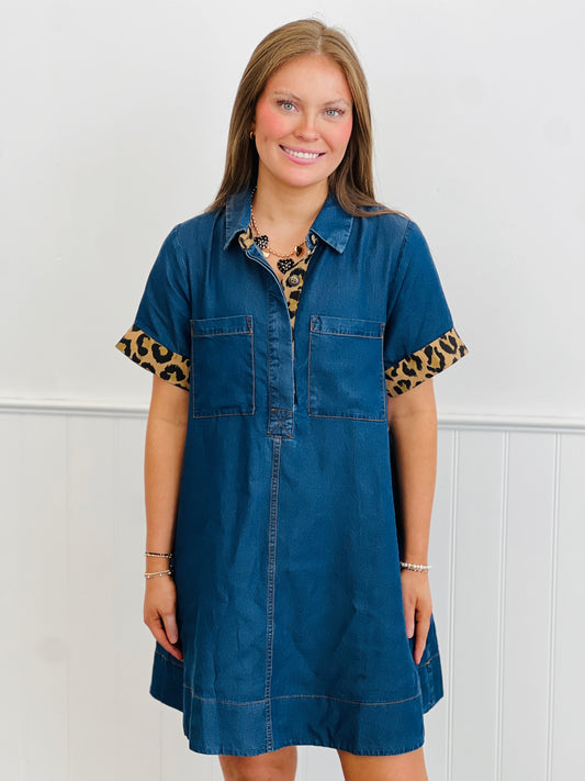 Leopard Detailed Chambray Mini Dress (Reg.)