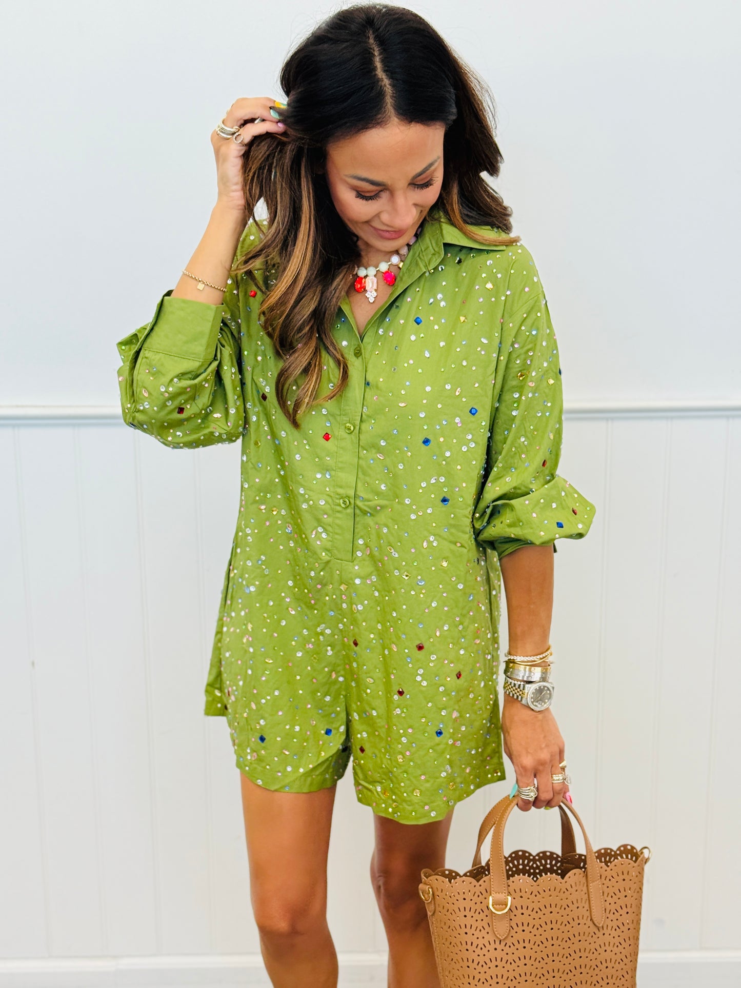 Queen Of Sparkles Olive Multi Rhinestone Button Up Romper (Reg. and Plus)