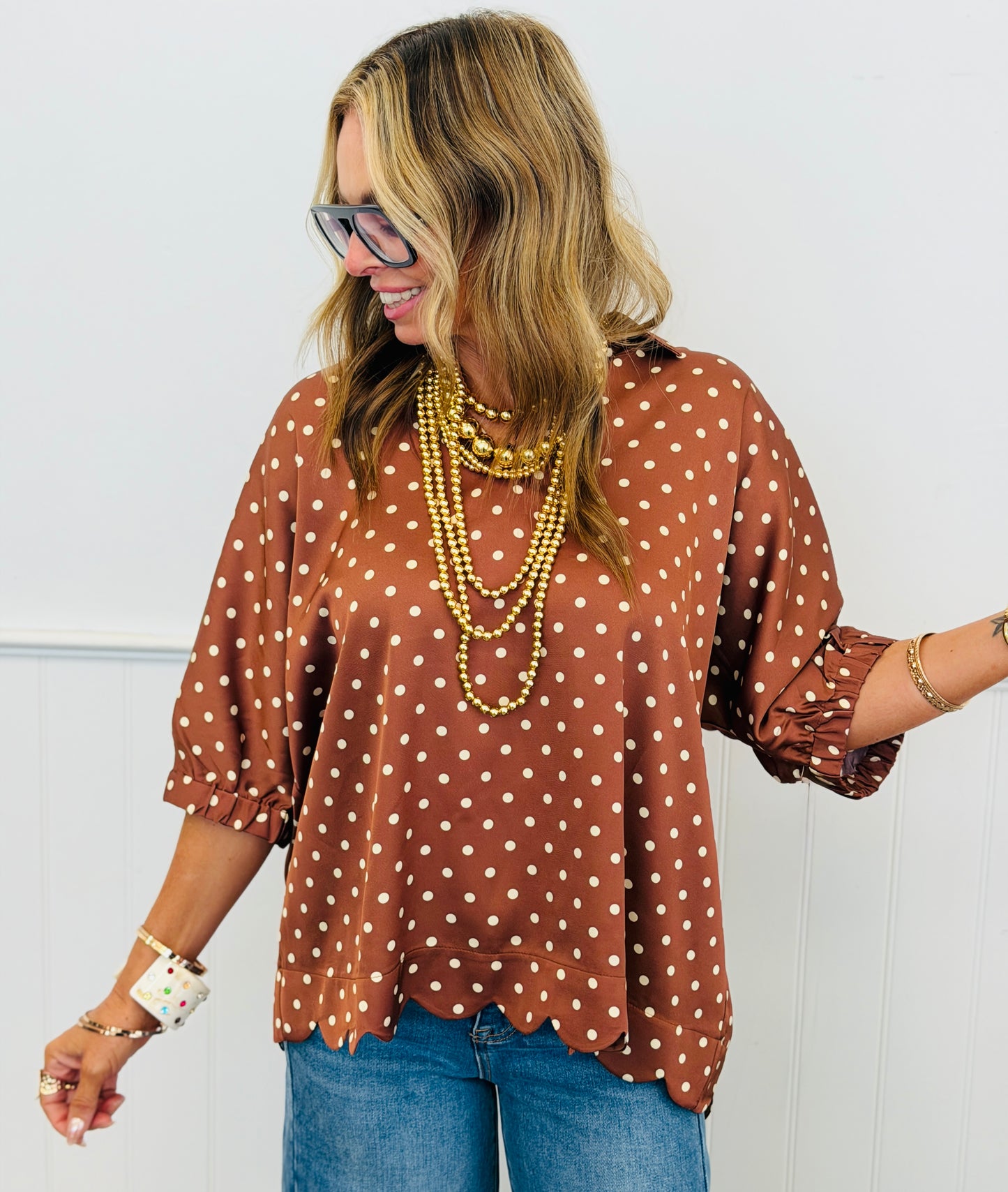 Polka Dot Satin Scallop Trim Top (Reg.) - 2 Colors