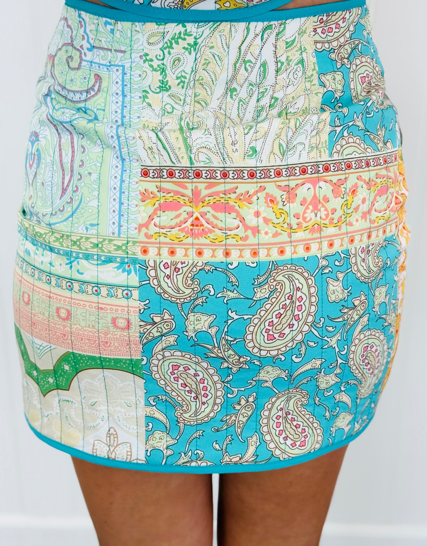 Turquoise Quilted Paisley Mini Skirt (Reg & Plus)