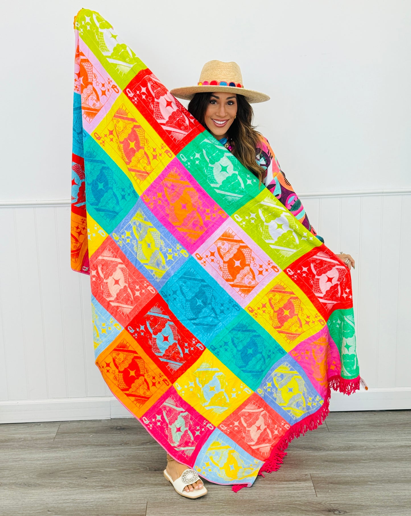 Queen Of Sparkles Color Block Card Logo Fringe Beach Towel