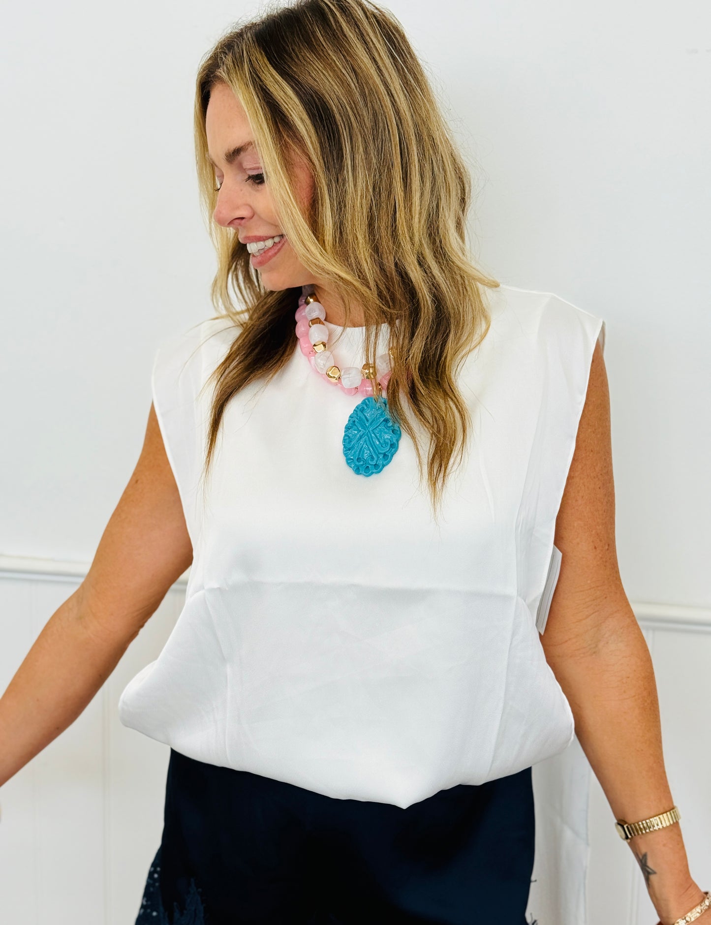 White Double Layer Satin Blouse (Reg.)