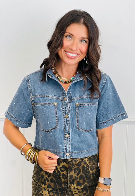 Denim Blue Rhinestone Button Up Top (Reg. and Plus)