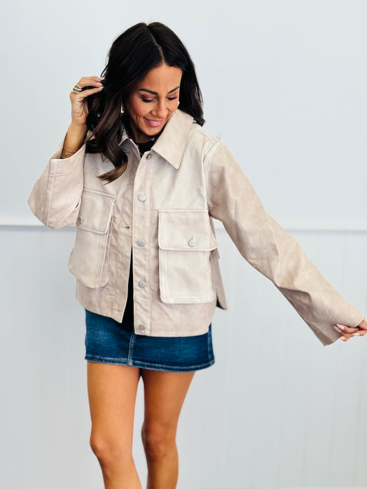 Beige Faux Leather Jacket (Reg & Plus)