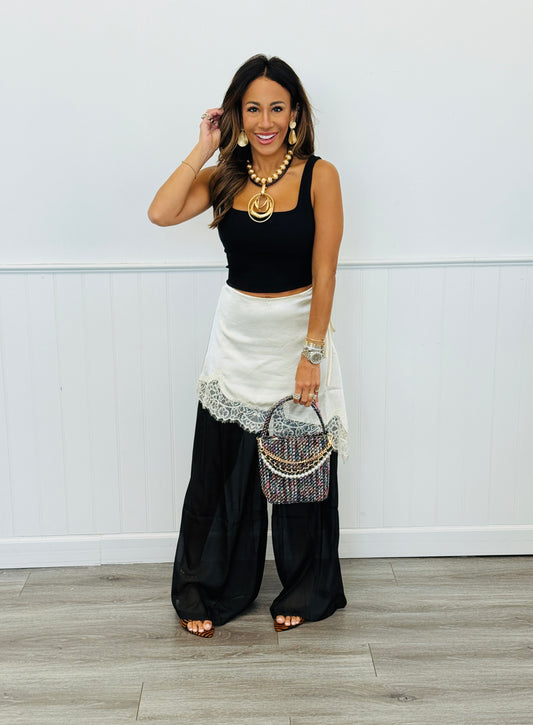 Satin Lace Trim Skirt Layered Over Sheer Pants (Reg.)