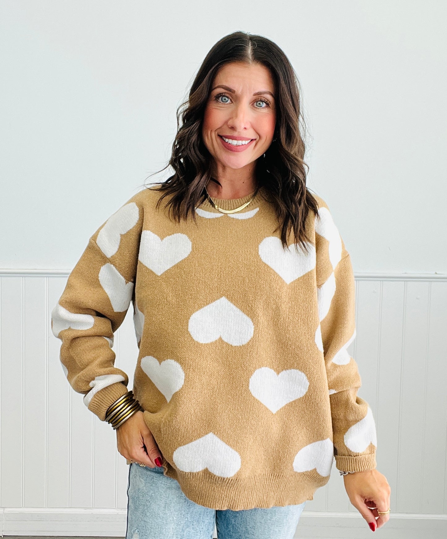 Taupe/White Bold Hearts Pullover Sweater (Reg.)