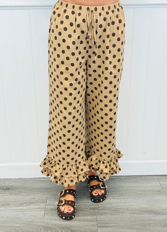 Taupe/Brown Ruffled Hem Polka Dot Pants (Reg.)