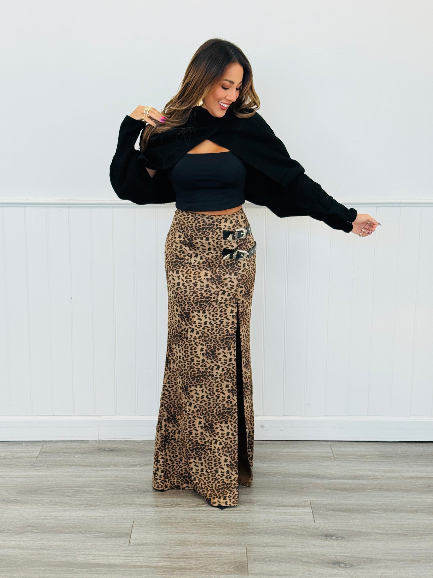 Leopard Front Slit Maxi Skirt (Reg)