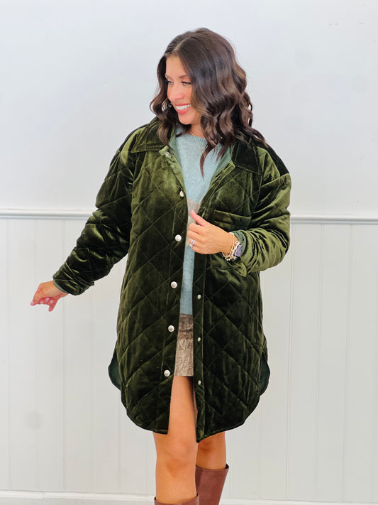 Olive Velvet Quilted Longline Jacket (Reg. and Plus)