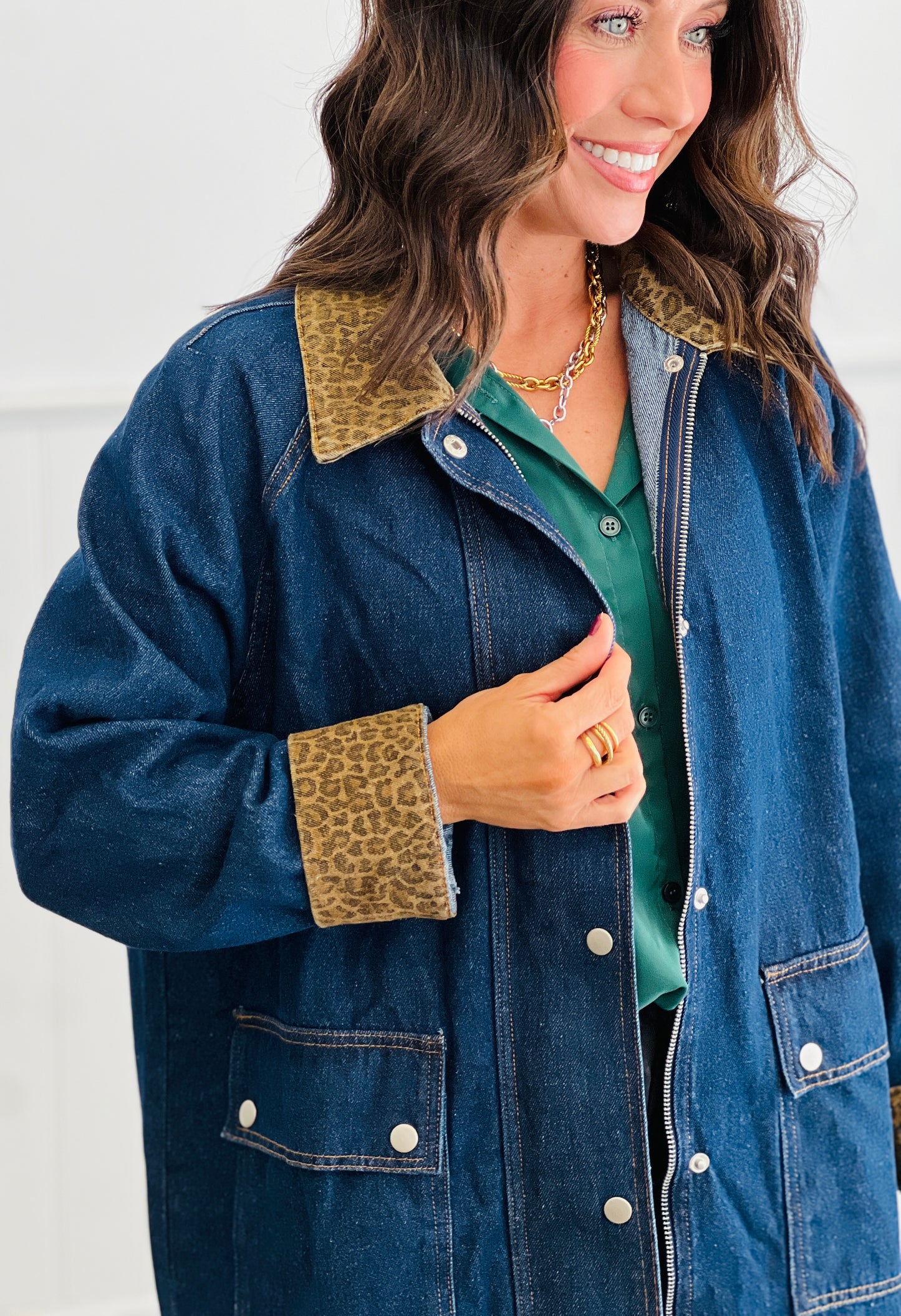 Denim Leopard Collar Barn Jacket (Reg.)