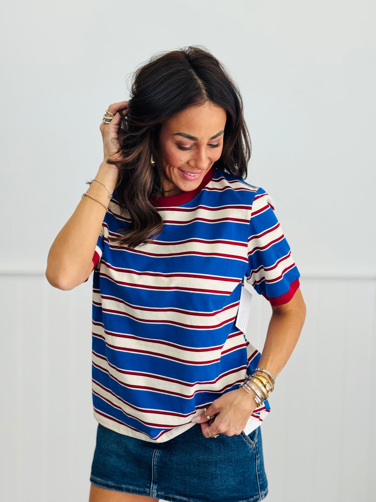 Contrast Trim Striped Tee Top (Reg & Plus)-2 Colors
