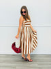 Cream/Brown Striped Side Lace Up Detail Midi Dress (Reg)