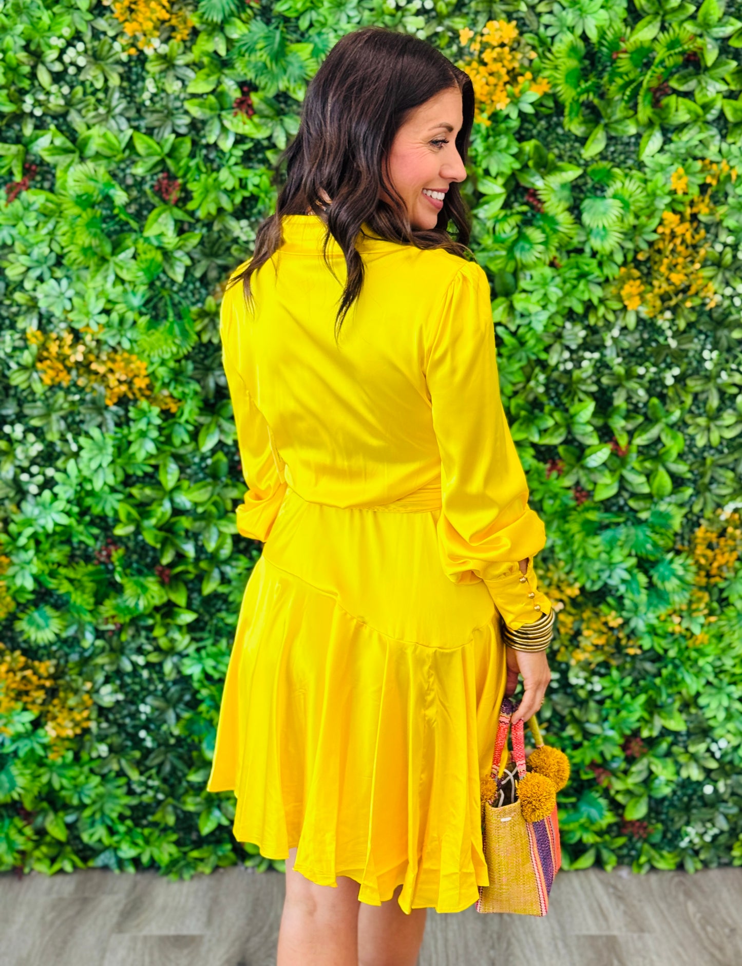 Bright Yellow Satin Side Wrap Mini Dress (Reg.)