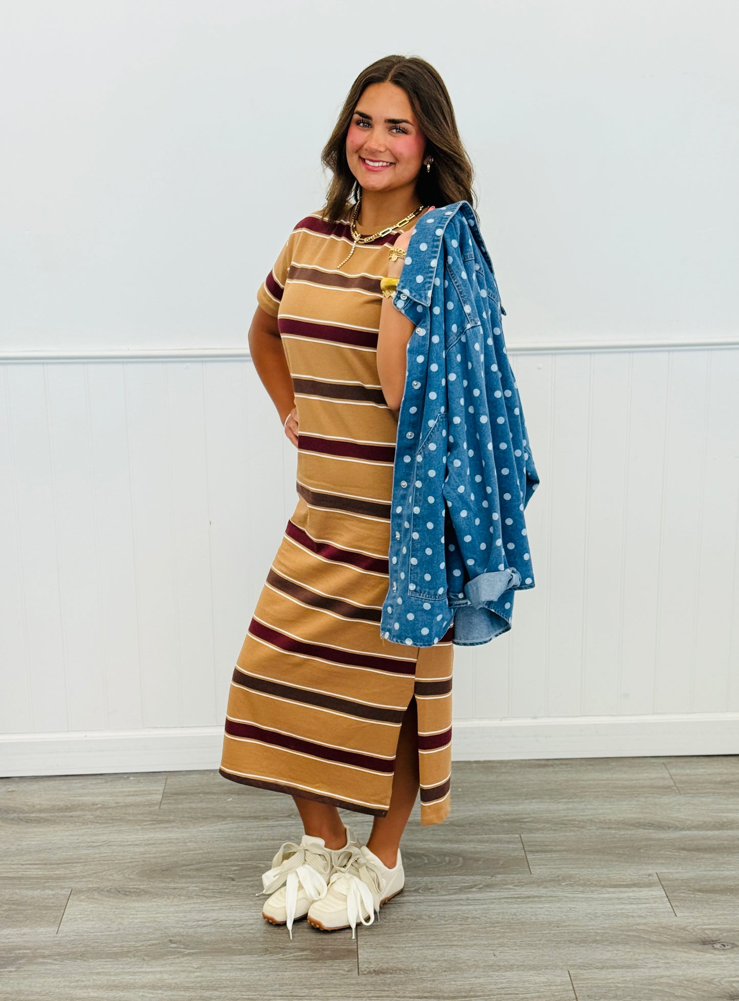 Camel Multi Striped Maxi Dress (Reg & Plus)