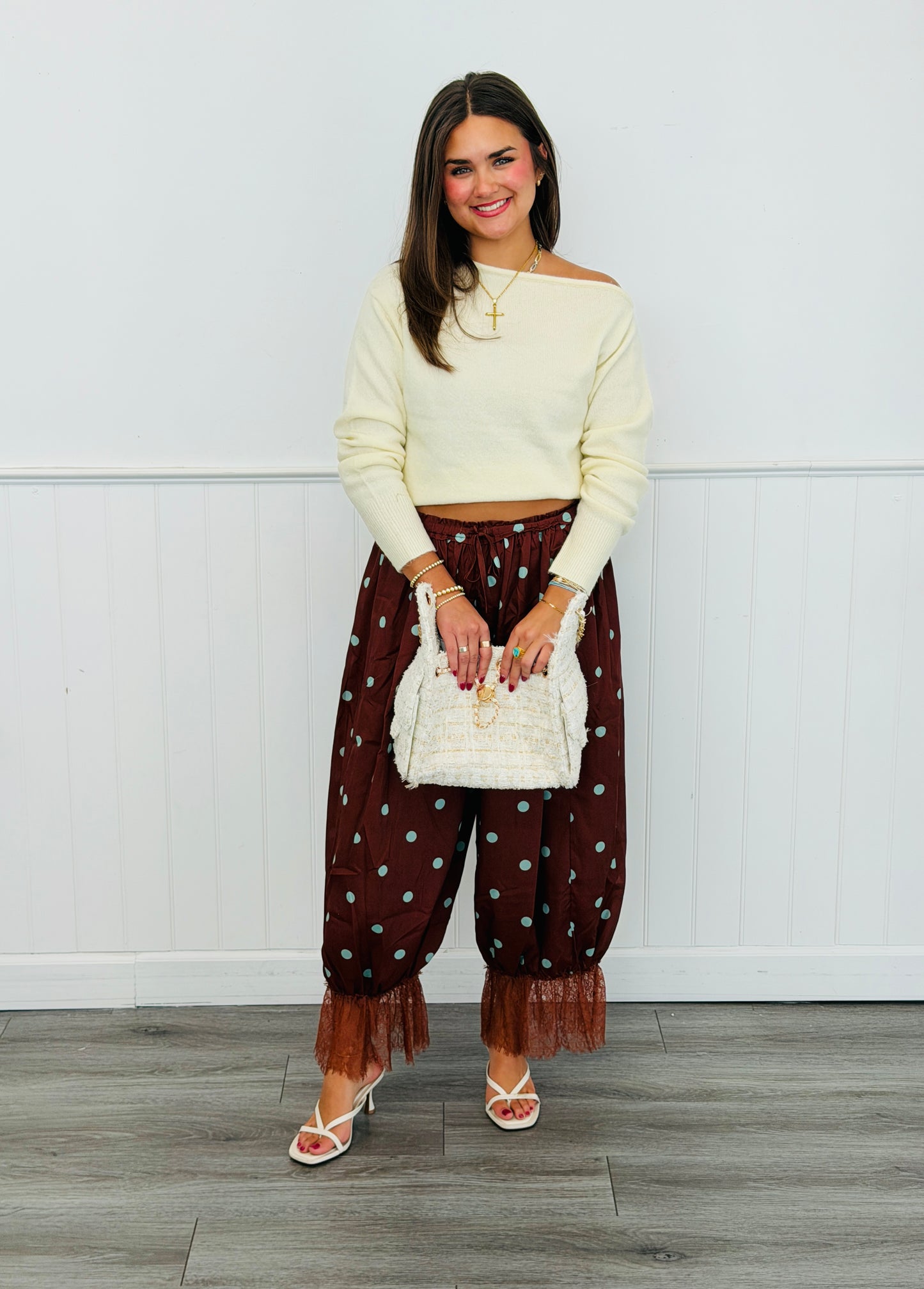 Brown/Mint Polka Dot Lace Trim Drawstring Pants (Reg.)