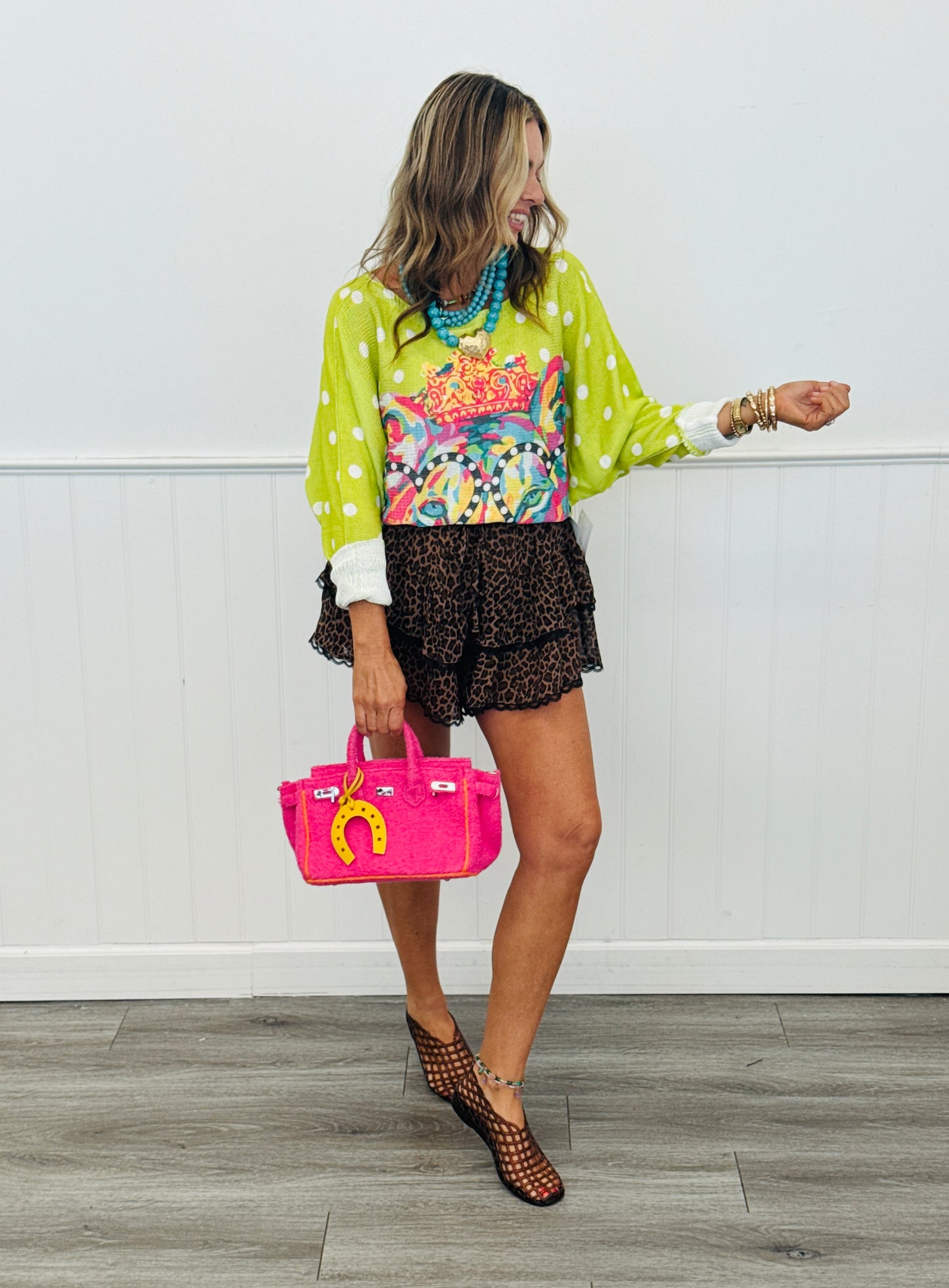 Lime Polka Dot Leopard Crowned & Colorful Pullover Top (One Size)